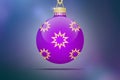 One purple hanging christmas tree ball with golden stars ornaments on a blue background with lens flare Royalty Free Stock Photo