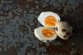 One quail egg open one still closed with copy space left Royalty Free Stock Photo