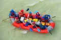 One raft with a group of tourists rafting on the mountain river Katun.