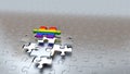 One Rainbow Puzzle Piece escaping from Four other Silver Pieces Royalty Free Stock Photo