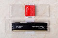 One RAM Kingston Fury memory module in an opened box. DIMM DDR 3 Kingston HyperX Fury top view