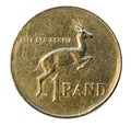 One rand coin isolated on white. South Africa. 1977