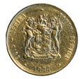 One rand coin isolated on white. South Africa. 1977