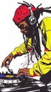 One rappers, rasta dj, graffer, bboy, old school hip hop, rap attack, comic color drawing, black strokes, white