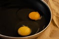 One raw egg in a black frying pan on a paper. Transparent white and bright round yellow yolk Royalty Free Stock Photo