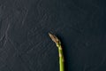 One raw fresh green asparagus stalk over black slate background. Concept of food and seasonal vegetables crop. Close up Royalty Free Stock Photo