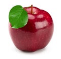 one red apple with green leaves isolated on white background. clipping path Royalty Free Stock Photo