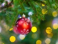 One red ball with snowflake on christmas tree twig Royalty Free Stock Photo