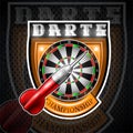 One red darts with round target in center of shield. Sport logo for any darts game or championship Royalty Free Stock Photo