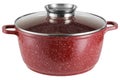 One red enamel pot, with a glass lid, on a white background Royalty Free Stock Photo