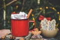 One red iron mug with hot cocoa, marshmallows on top with cinnamon,.