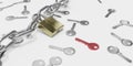 one red key among many keys selsection concept business solution 3d render illustration