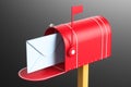 One red mailbox with an envelope inside on a black background.