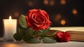 one red rose, candle, one book beside on a white table, dark blur background