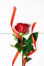 One red rose with red ribbon on the white wooden background. Women`s day, mother day, valentines day, happy birthday