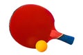 one red table tennis racket with a yellow ball lying next to it on a white isolated background Royalty Free Stock Photo