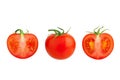 One red tomato with green leaves and two cut off tomatoes halves on white background isolated close up, whole and sliced tomatoes