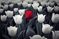 One red tulip among many white ones. Concept of diversity and individuality. Generative ai