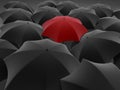 One red umbrella among set of other black Royalty Free Stock Photo