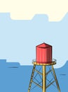 One red water tower on blue background