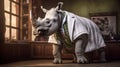 One Rhino In A Jacket: A Unique Photo In The Style Of Top Artists And Themes