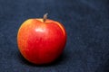 One ripe fresh organic sweet red apple with yellow spots, close-up, on a blue jeans background Royalty Free Stock Photo