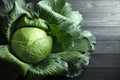One ripe head of cabbage on black wooden table, top view Royalty Free Stock Photo