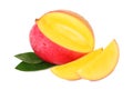 One ripe mango and two slices with drops ()