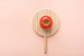 One Ripe Organic Tomato with Green Leaves on Round Wood Cutting Board on Pink Background. Food Poster Banner Streamer