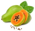 Sliced ripe papaya fruit with green leaves isolated on white background. exotic fruit. clipping path Royalty Free Stock Photo