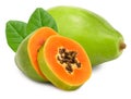 Sliced ripe papaya fruit with green leaves isolated on white background. exotic fruit. clipping path Royalty Free Stock Photo