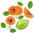 Sliced ripe papaya fruit with green leaves isolated on white background. exotic fruit. clipping path Royalty Free Stock Photo