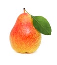 One ripe pear with green leaf (isolated)