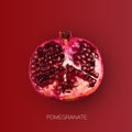 One ripe pomegranate half isolated on red background, square shot