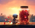 One robot in a glass bottle with red hearts.