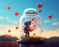 One robot in a glass bottle with red hearts.