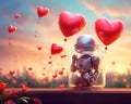 One robot in a glass bottle with red hearts.