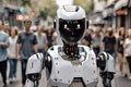 One robot standing on the street in a crowd in a big city. Male Cyborg outdoor among people. New fantastic robotic world