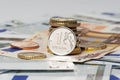 One ruble and the euro (coins and banknotes) Royalty Free Stock Photo