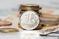 One ruble and the euro (coins and banknotes) Royalty Free Stock Photo