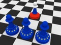 One Russian and Three EU Flag Chess Pawns, 3d illustration
