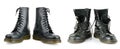 One and the same pair of black men`s boots. New and worn out. Royalty Free Stock Photo