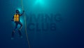 One scuba diver underwater. Back view. Logo diving club underwater. Diver dives to the bottom of the sea, Royalty Free Stock Photo