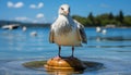 One seagull flying over the blue sea, looking for food generated by AI Royalty Free Stock Photo