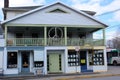 Large storefront with peace sign on railing, Woodstock, New York, 2019