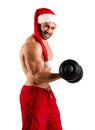 One sexual strong young new year man with muscular body in red and white hat