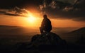 One silhouette Man sitting on a rock with his back facing the sunset over the mountains. Moment of loneliness. Generative ai Royalty Free Stock Photo