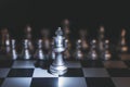 One Silver chess standing against full set of chess pieces. Royalty Free Stock Photo