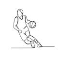 One single drawn continuous line boy playing basketball hand-drawn picture silhouette. Line art