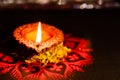 One single earthen lamp used in Luxmi poojan in Diwali with copy space